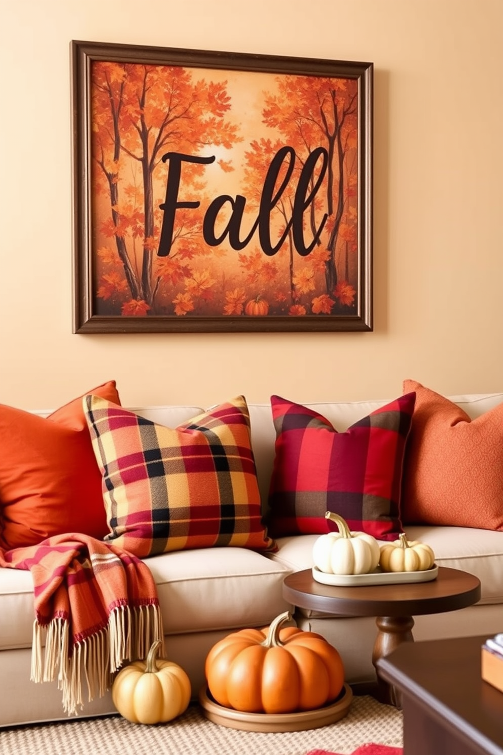 Hang fall-themed wall art to create a warm and inviting ambiance. Incorporate rich colors like burnt orange and deep red to reflect the beauty of the season. Add cozy textiles such as plaid throws and soft cushions to enhance comfort. Use natural elements like pumpkins and gourds as decorative accents on tables and shelves.