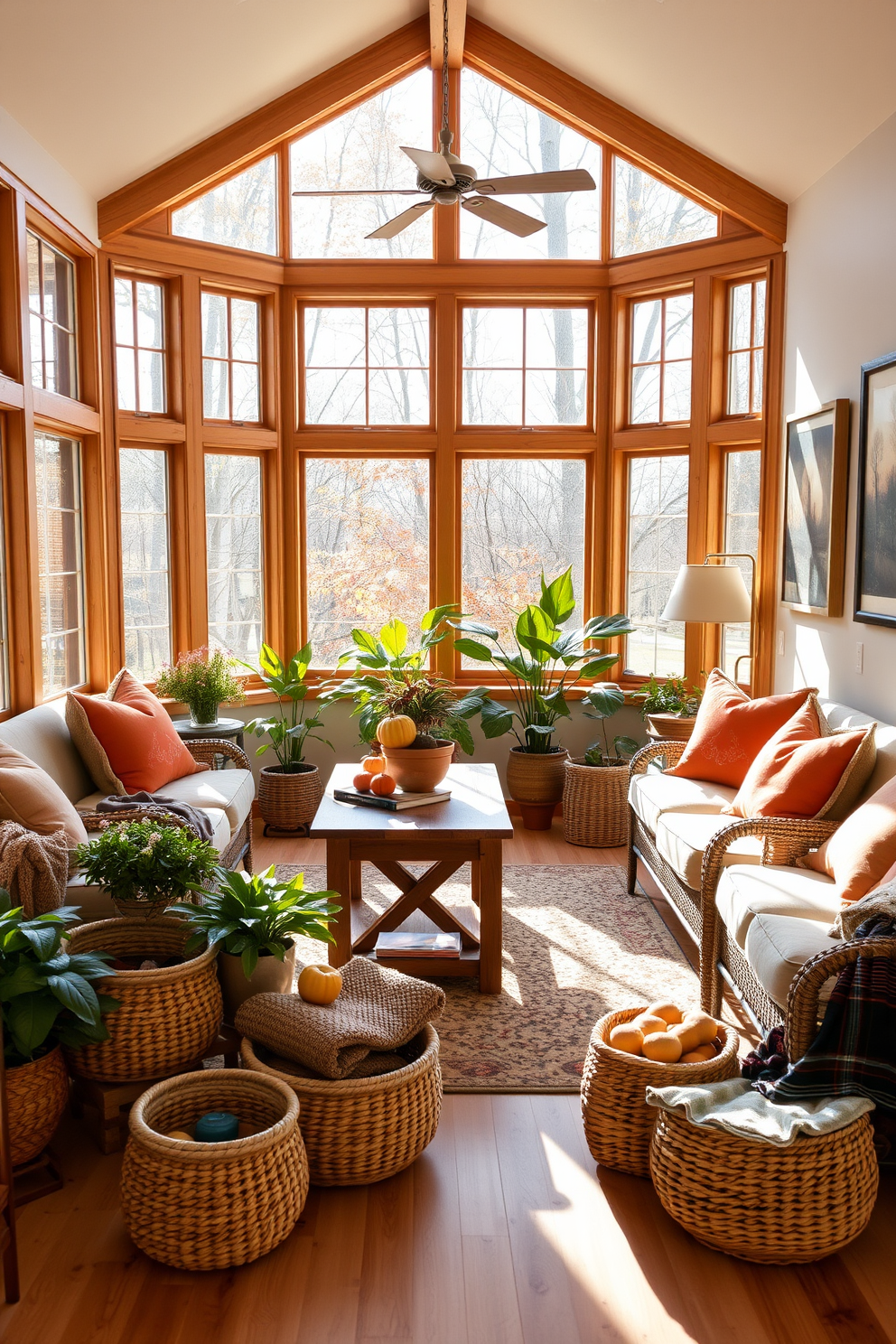 A bright and inviting sunroom filled with natural light. The space features large windows framed with natural wood, allowing sunlight to pour in and illuminate the room. Incorporate a wooden coffee table with a rustic finish at the center. Surround it with comfortable seating upholstered in soft, earthy tones that complement the wood elements. Add potted plants in various sizes to bring a touch of nature indoors. Use woven baskets made from natural fibers to store blankets and magazines, enhancing the cozy atmosphere. Decorate the walls with art that reflects the beauty of autumn. Include warm-toned cushions on the seating to create a welcoming and seasonal feel.