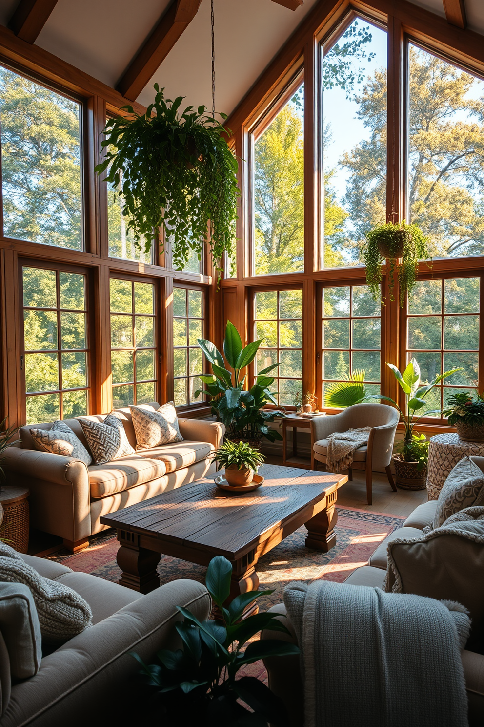 A cozy sunroom filled with natural light. Large windows allow the warm glow of the sun to illuminate the space, creating a welcoming atmosphere. Soft, comfortable seating is arranged around a rustic wooden coffee table. Lush green plants are scattered throughout, adding a touch of nature and freshness to the decor.