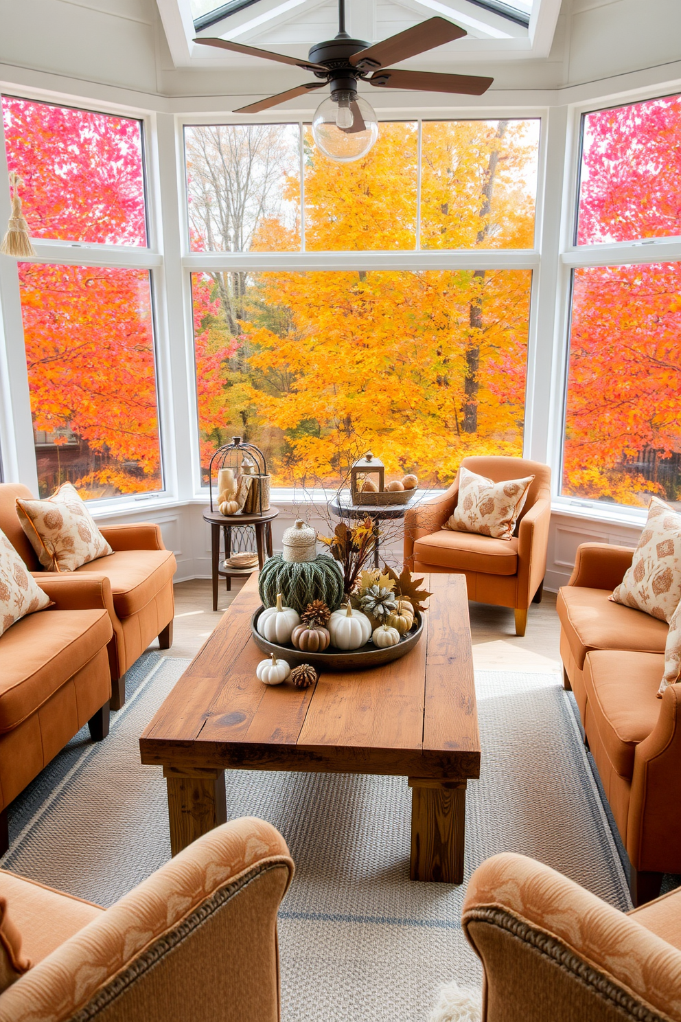 A cozy sunroom filled with natural light. In the center, a rustic coffee table made of reclaimed wood serves as the focal point, adorned with a collection of autumn-themed decorations. Surrounding the table, comfortable seating includes plush armchairs in warm earth tones. Large windows showcase vibrant fall foliage, enhancing the inviting atmosphere of the space.