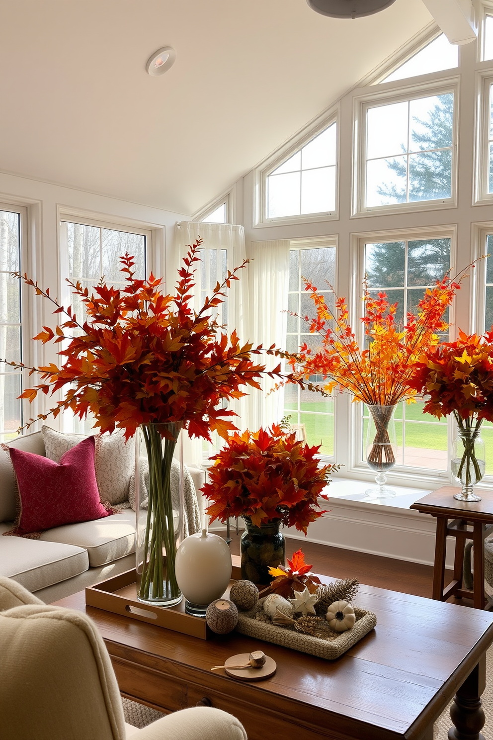 A sunroom filled with natural light showcasing vibrant fall foliage displayed in elegant vases. The room features large windows with sheer curtains, a cozy seating area with plush cushions, and a wooden coffee table adorned with seasonal decor.