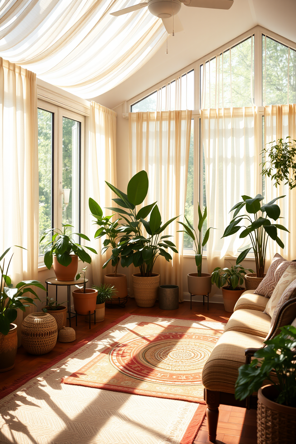 A cozy sunroom filled with natural light. Layered area rugs in warm tones create a welcoming atmosphere, enhancing the comfort of the space. Large windows adorned with sheer curtains allow sunlight to filter in softly. Potted plants in various sizes add a touch of greenery, while comfortable seating invites relaxation.