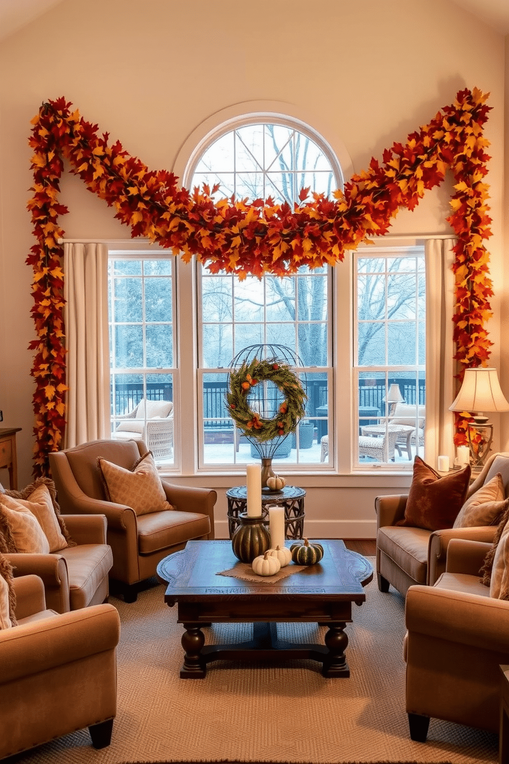 A cozy living room adorned with an autumn leaves garland draped gracefully above the windows. The warm hues of orange, yellow, and red create a vibrant contrast against the soft cream walls, enhancing the inviting atmosphere. Plush armchairs in earthy tones are arranged around a rustic wooden coffee table. A few decorative pumpkins and candles add a seasonal touch to the space, making it perfect for fall gatherings.