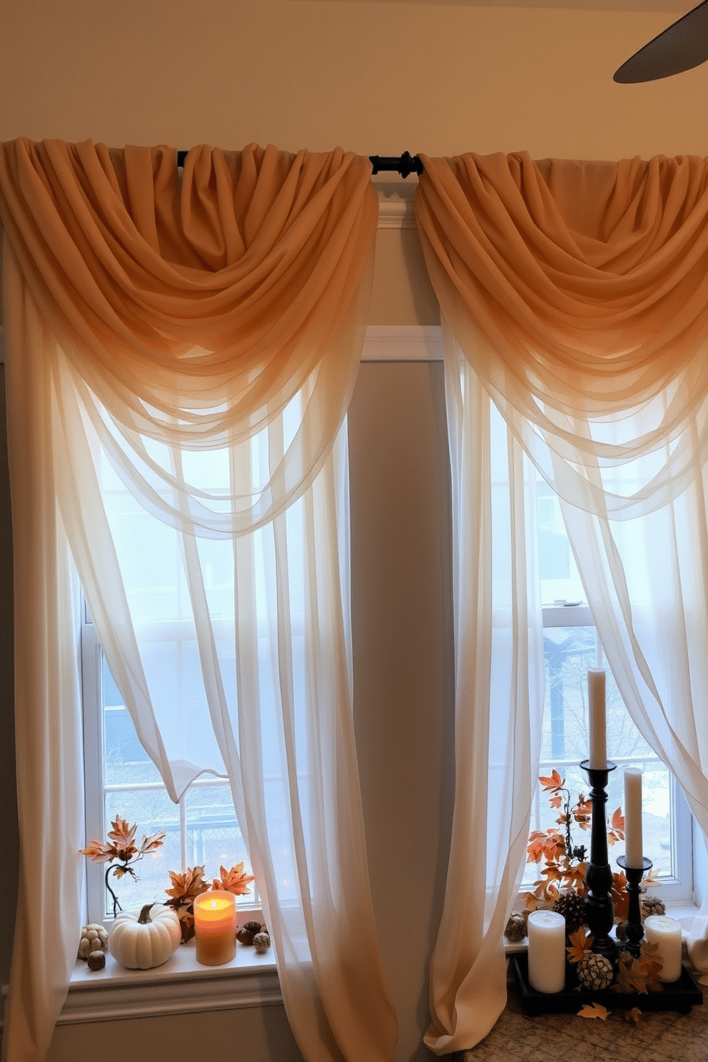 Layered sheer curtains drape elegantly from a decorative rod, allowing soft light to filter into the room. The curtains are in varying shades of cream and beige, creating a warm, inviting atmosphere. Adorning the windowsills are seasonal decorations that reflect the beauty of fall. Small pumpkins, colorful leaves, and cozy candles are artfully arranged to enhance the autumnal theme.