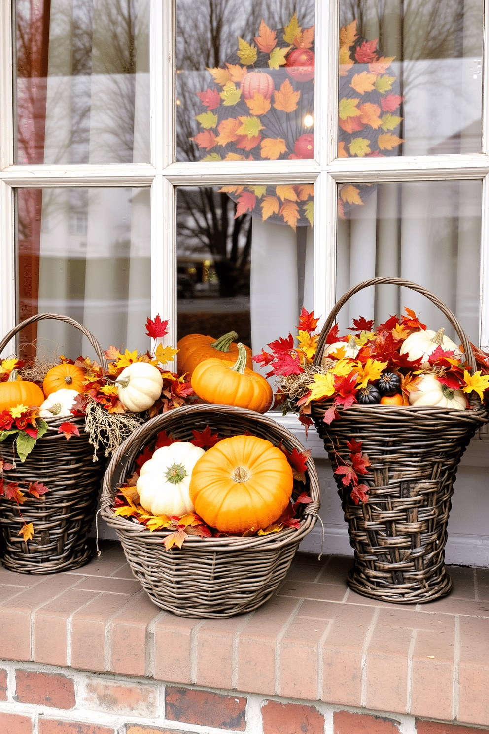 A cozy window display for fall featuring decorative baskets filled with seasonal items. The baskets are overflowing with pumpkins, gourds, and colorful leaves, creating a warm and inviting atmosphere.