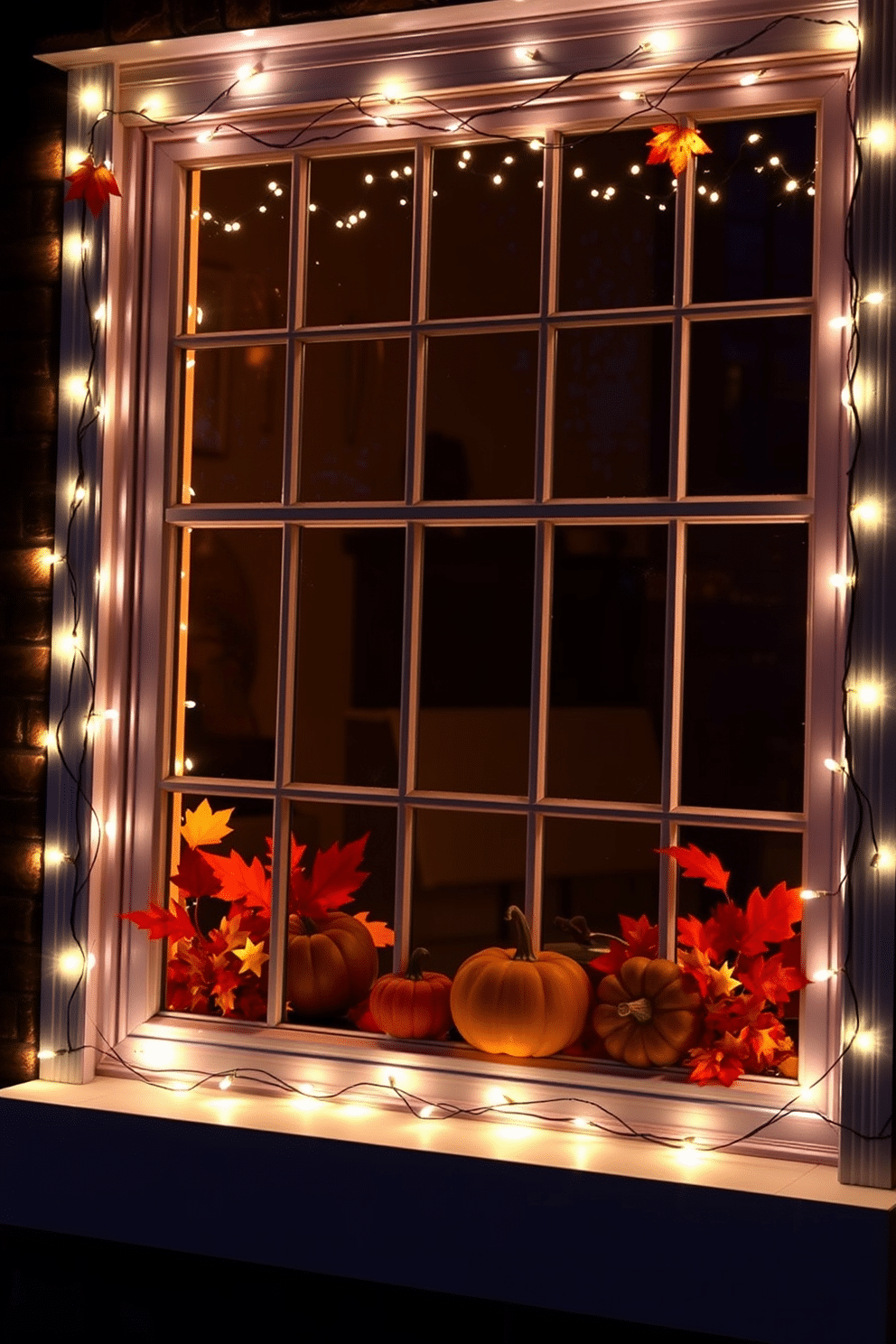 Create a cozy fall window display adorned with twinkling fairy lights wrapped around the window frames. The scene features warm autumn colors through decorative leaves and pumpkins placed on the windowsill, enhancing the inviting atmosphere.