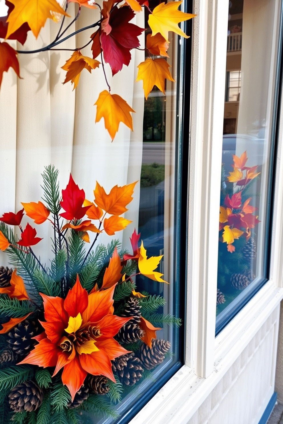 A cozy window display adorned with nature-inspired bouquets featuring pinecones and vibrant autumn leaves. The arrangement includes rich hues of orange, yellow, and deep green, creating a warm, inviting atmosphere.