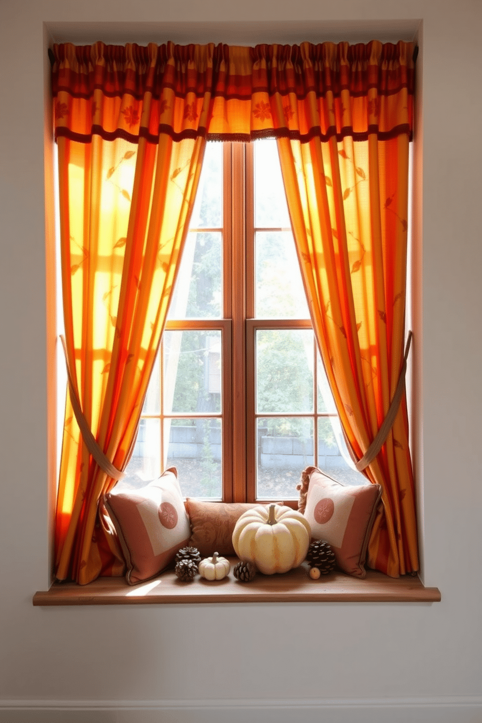 A warm and inviting window adorned with harvest-themed fabric drapes creates a cozy atmosphere. The rich colors of autumn, including deep oranges and golden yellows, complement the natural light filtering through the glass. Beneath the drapes, a rustic wooden window seat is adorned with plush cushions in coordinating fall hues. Seasonal decorations, such as small pumpkins and pinecones, are artfully arranged on the sill to enhance the festive feel.