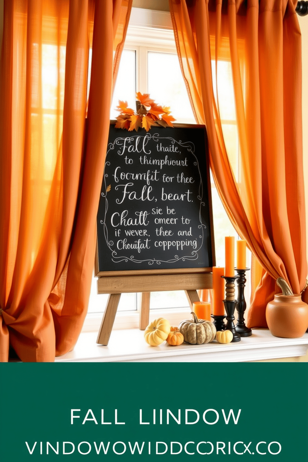 Chalkboard art featuring inspirational fall quotes is beautifully arranged on a rustic wooden easel. The chalkboard is surrounded by autumn leaves and small pumpkins, creating a warm and inviting atmosphere. For the fall window decorating ideas, sheer curtains in warm tones frame the window, allowing soft light to filter through. On the windowsill, a collection of colorful gourds and candles in autumn hues add a touch of seasonal charm.