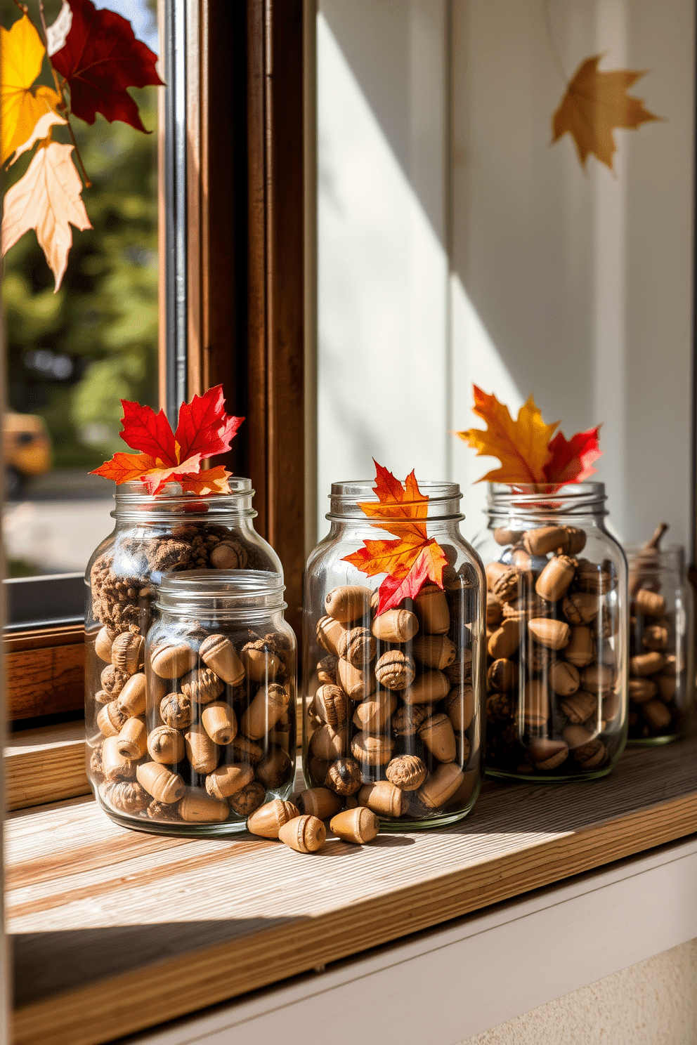 A cozy autumn window display featuring glass jars filled with acorns and colorful leaves. The jars are arranged on a wooden ledge, complemented by soft natural light filtering through the window.