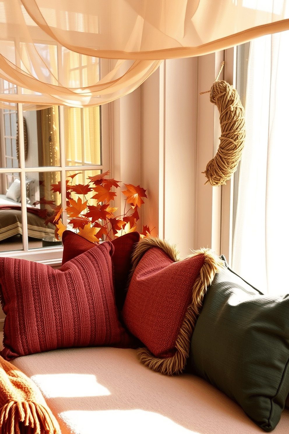 Seasonal throw pillows in warm autumn colors are arranged on plush window benches, inviting comfort and coziness. The window frames are adorned with soft, sheer curtains that gently filter the golden sunlight, enhancing the inviting atmosphere.