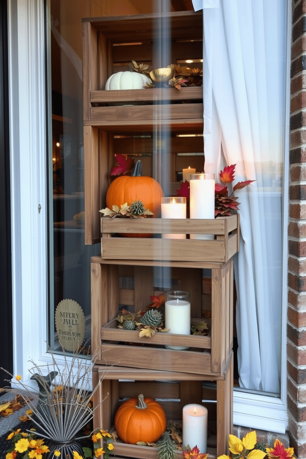 A cozy window display featuring vintage wooden crates stacked at varying heights. Each crate is filled with seasonal fall decorations like pumpkins, colorful leaves, and candles.