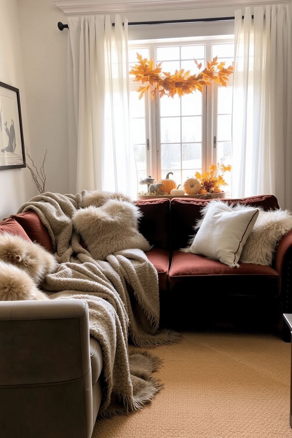 A cozy living room adorned with faux fur throws draped over a plush velvet sofa. The throws add warmth and texture, inviting relaxation during the chilly fall months. A beautifully decorated window featuring seasonal accents like pumpkins and autumn leaves. Soft, sheer curtains frame the window, allowing natural light to illuminate the rich colors of fall.