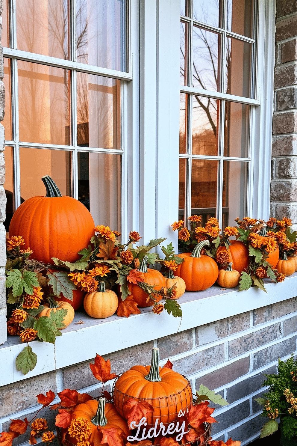 A cozy autumn scene with pumpkins and gourds artfully arranged on window sills. The vibrant orange and earthy tones of the decor create a warm and inviting atmosphere.