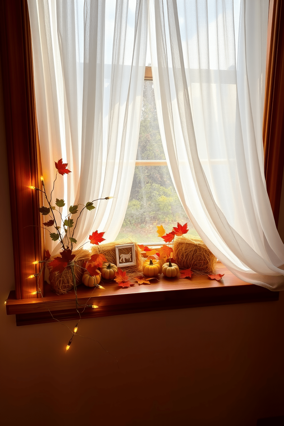 Mini hay bales are arranged artfully on a wooden window sill, adding a charming rustic touch to the space. Surrounding the hay bales are small pumpkins and colorful autumn leaves, creating a cozy fall atmosphere. The window is adorned with sheer white curtains that gently filter the sunlight, enhancing the warm glow of the decor. Twinkling fairy lights are intertwined with the foliage, providing a magical ambiance for the fall season.