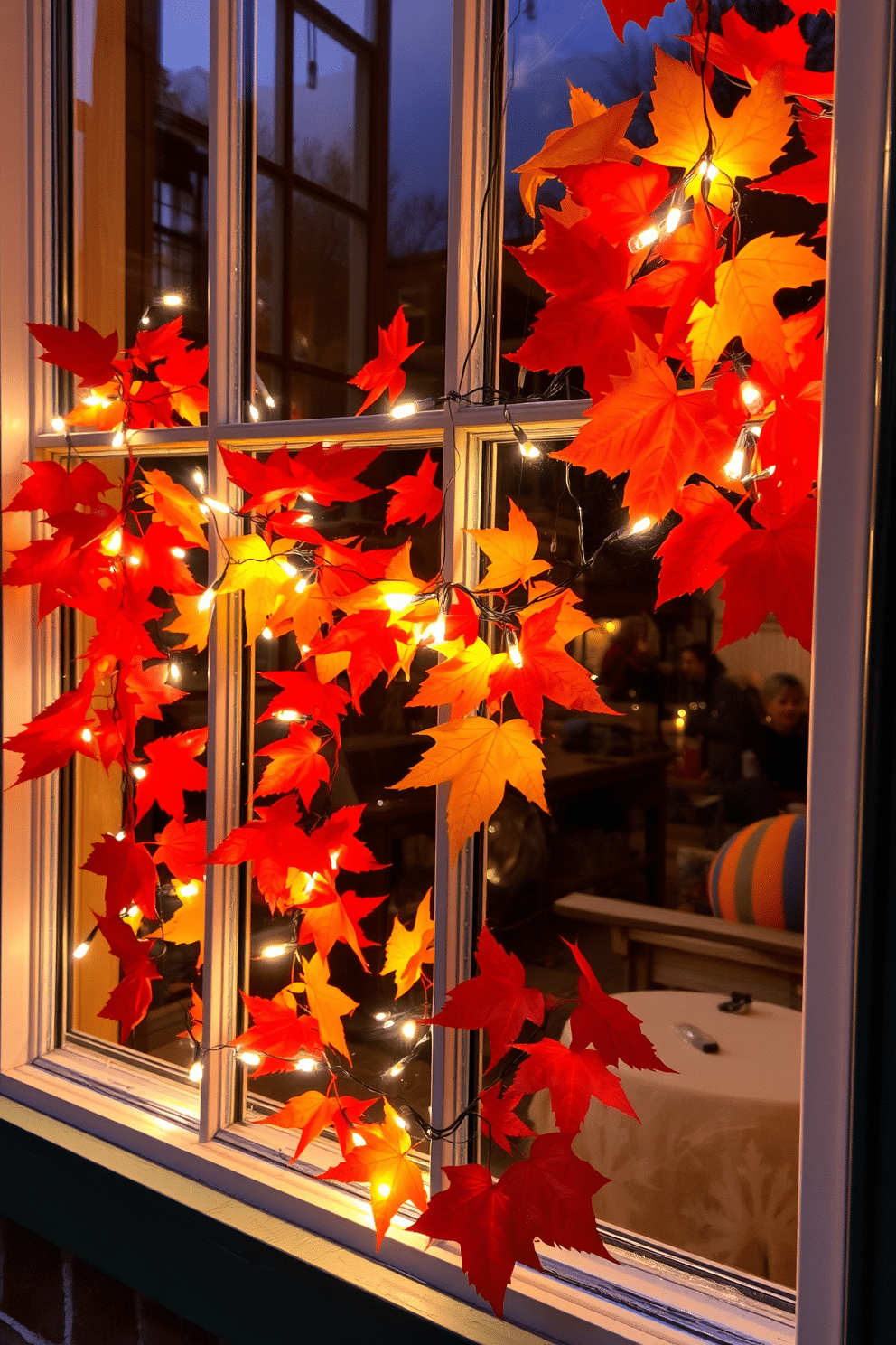 A cozy window display adorned with string lights intertwined with vibrant autumn foliage. The warm glow of the lights highlights the rich reds, oranges, and yellows of the leaves, creating a welcoming atmosphere.