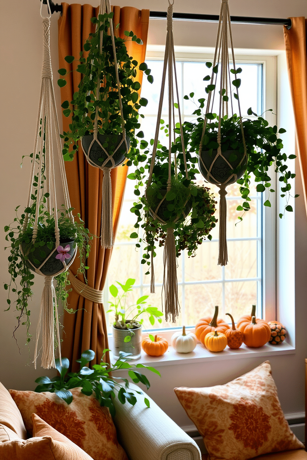 A cozy living room adorned with hanging macramé plant holders filled with lush greenery. The plants cascade elegantly, adding a touch of nature to the space and creating a serene atmosphere. The window is beautifully decorated for fall, featuring warm-toned curtains that complement the seasonal colors. A collection of pumpkins and gourds sits on the windowsill, enhancing the autumnal vibe while inviting natural light into the room.