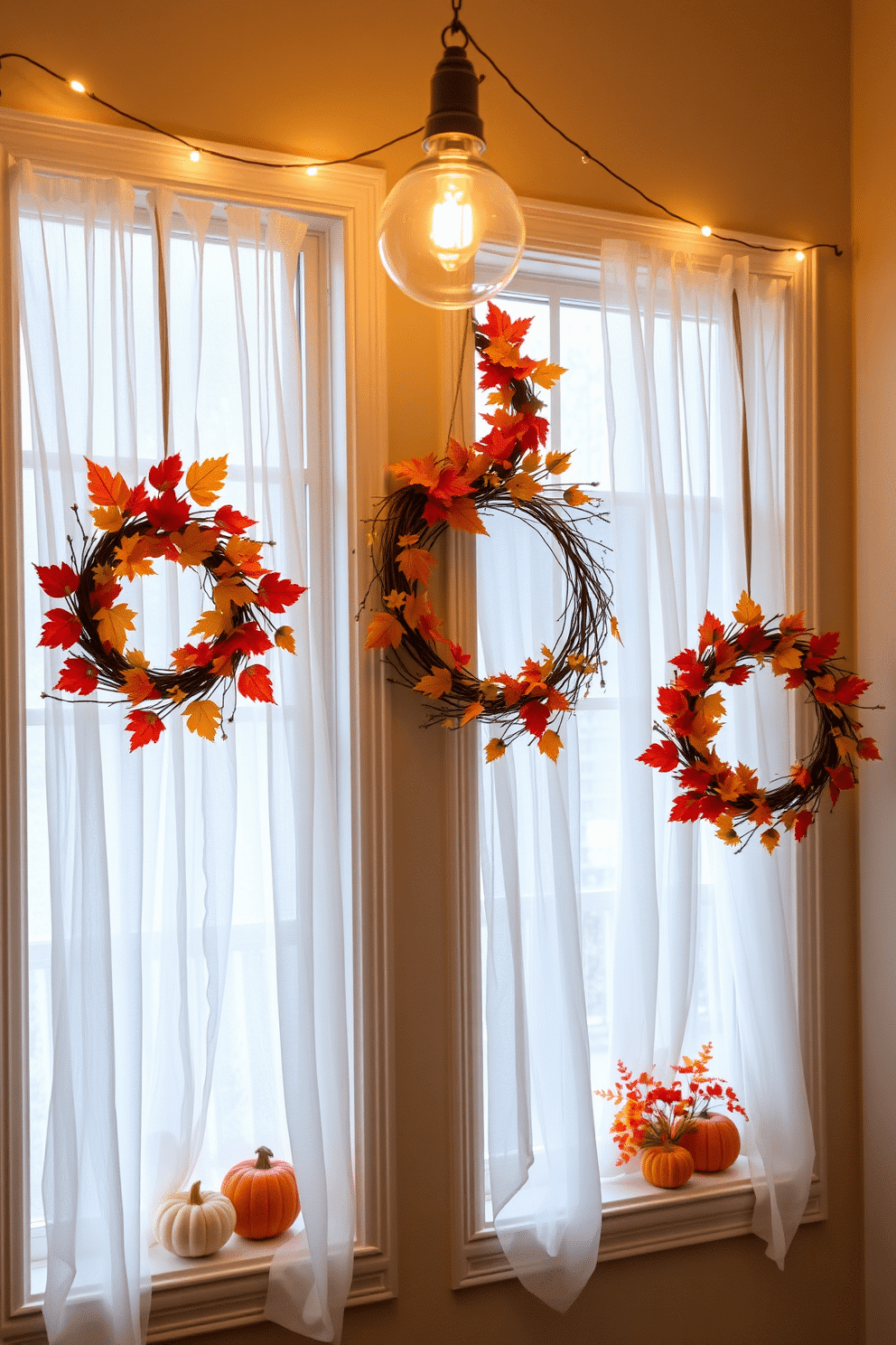 Colorful fall wreaths adorn the interior doors, showcasing vibrant hues of orange, red, and yellow leaves intertwined with rustic twigs. Each wreath is uniquely crafted, adding a warm and inviting touch to the home as the autumn season unfolds. The windows are elegantly decorated with sheer white curtains that gently frame the view, complemented by small pumpkins and gourds placed on the sill. String lights twinkle softly above, creating a cozy atmosphere that highlights the beauty of fall.