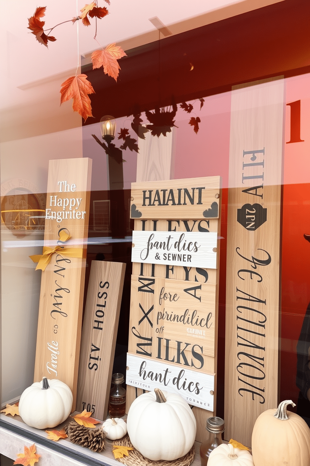 Wooden signs with seasonal greetings are artfully arranged in a cozy window display. The backdrop features warm autumn hues, with leaves and pumpkins enhancing the inviting atmosphere.