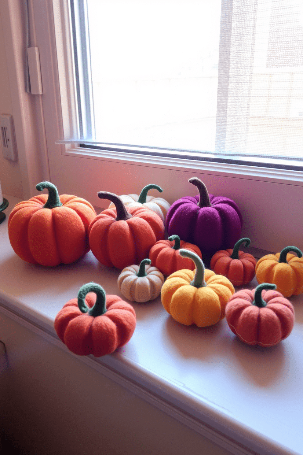 Felt pumpkins in various sizes are artfully arranged on a windowsill, creating a warm and inviting autumn atmosphere. The vibrant colors of the pumpkins complement the soft natural light streaming through the window, enhancing the cozy feel of the space.