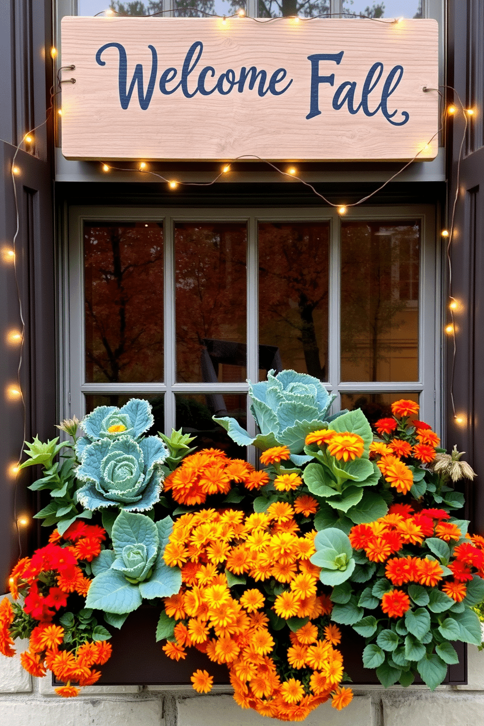 A charming window box brimming with vibrant seasonal plants creates a warm autumn atmosphere. The rich colors of marigolds, chrysanthemums, and ornamental kale complement the changing leaves outside. Twinkling fairy lights are draped around the window frame, adding a cozy glow to the fall decor. A rustic wooden sign that reads 