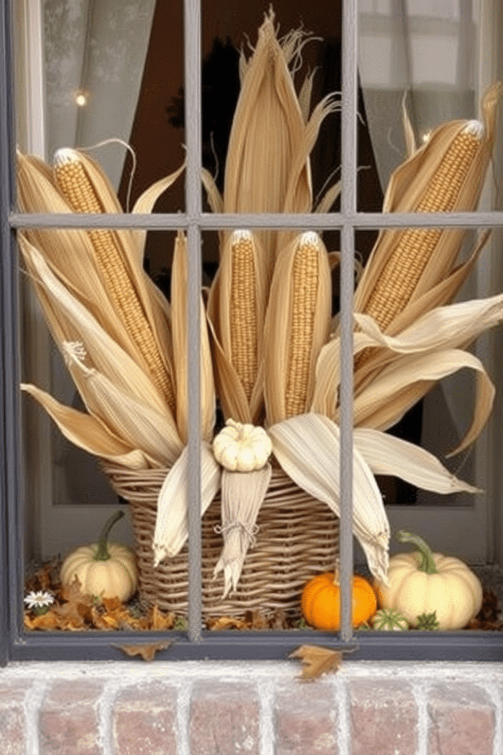 A cozy fall window display featuring dried corn husks as rustic accents. The corn husks are artfully arranged in a woven basket, complemented by small pumpkins and autumn leaves scattered around the base.