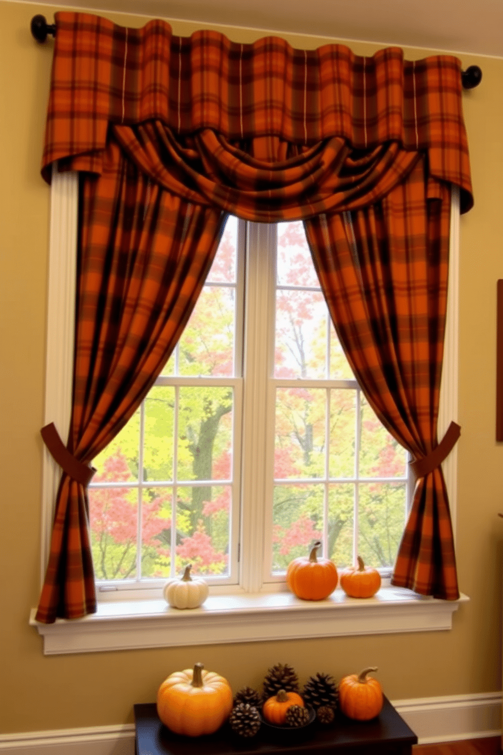 Cozy plaid curtains drape elegantly over a large window, adding a touch of seasonal warmth to the room. The rich colors of the fabric complement the autumnal hues outside, creating a welcoming atmosphere. Decorative elements such as pumpkins and pinecones are arranged on the windowsill, enhancing the fall theme. Soft, natural light filters through the curtains, casting a warm glow throughout the space.