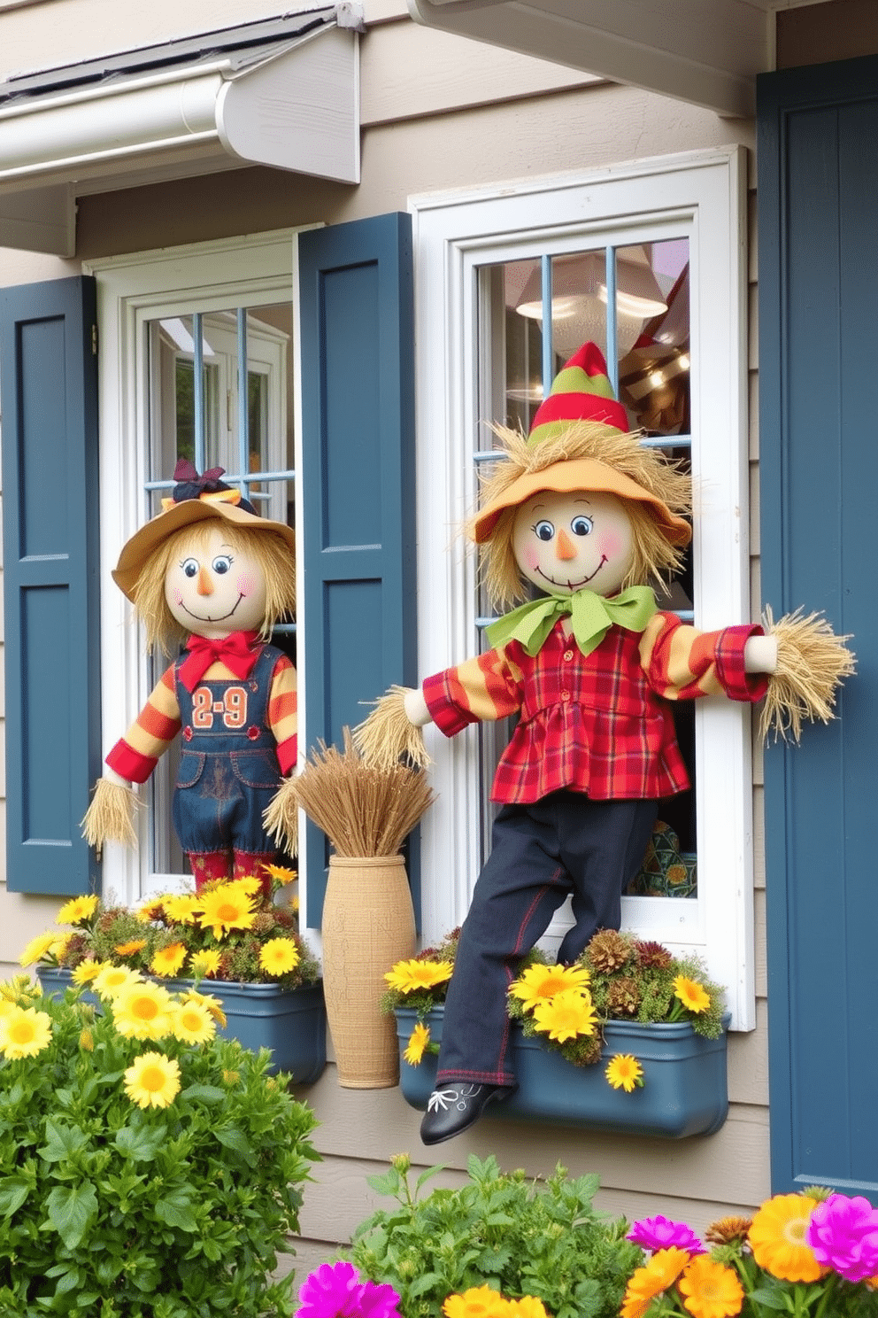 Whimsical scarecrows are playfully positioned in charming windows, bringing a touch of autumn cheer to the home. Each scarecrow features unique outfits made of colorful fabrics, with cheerful expressions that invite smiles from passersby.