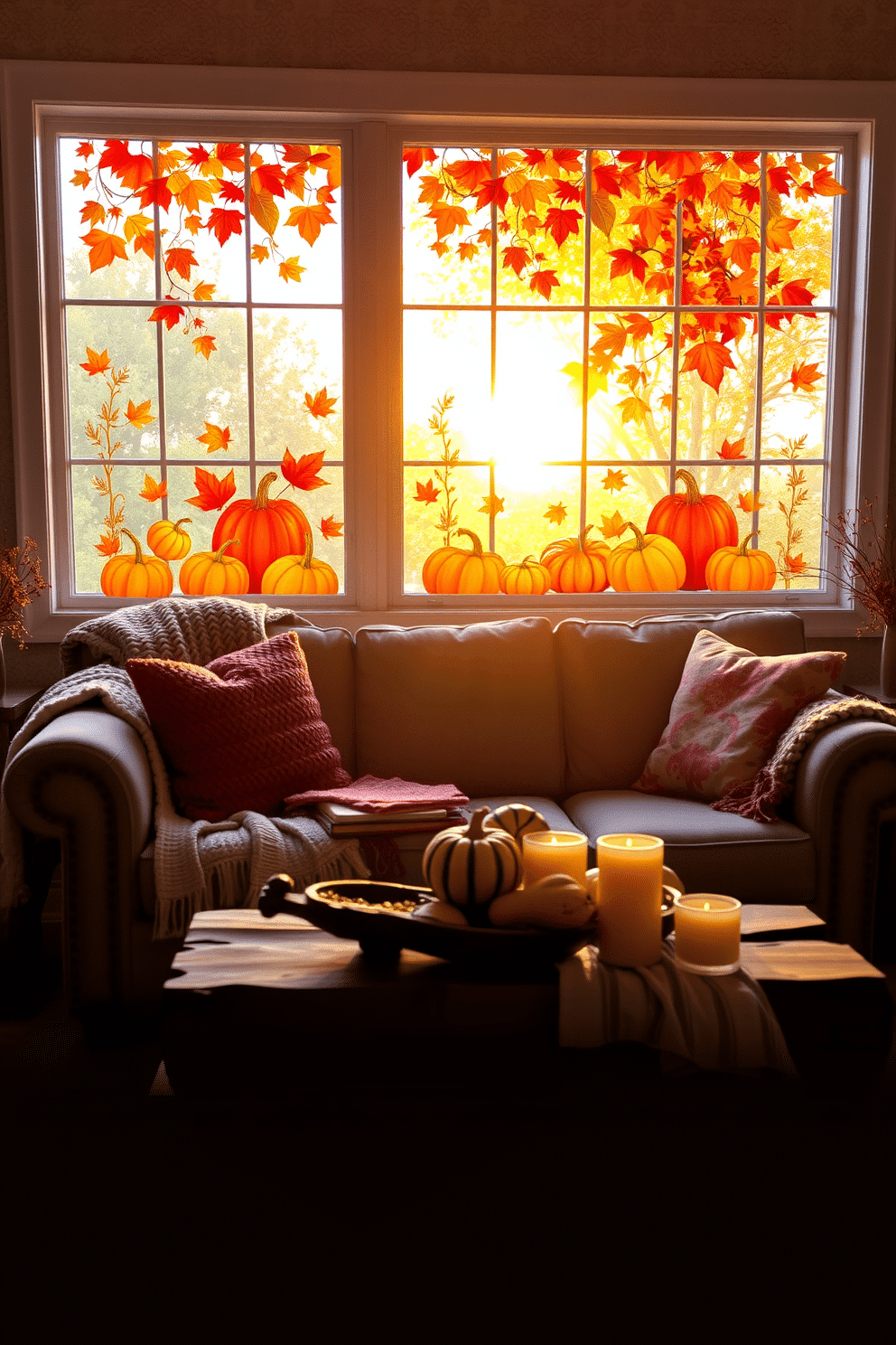 A cozy living room adorned with fall-themed window clings and decals. The window features vibrant leaves and pumpkins, creating a warm autumn atmosphere. Soft golden light filters through the window, highlighting a plush sofa draped with a knitted throw. A rustic coffee table holds a centerpiece of gourds and candles, enhancing the seasonal charm.