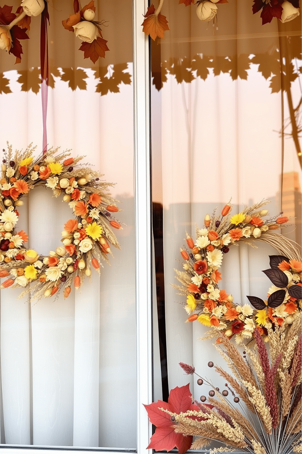 A cozy fall window display featuring wreaths made of dried flowers. The wreaths are adorned with hints of orange, yellow, and deep red, capturing the essence of autumn.