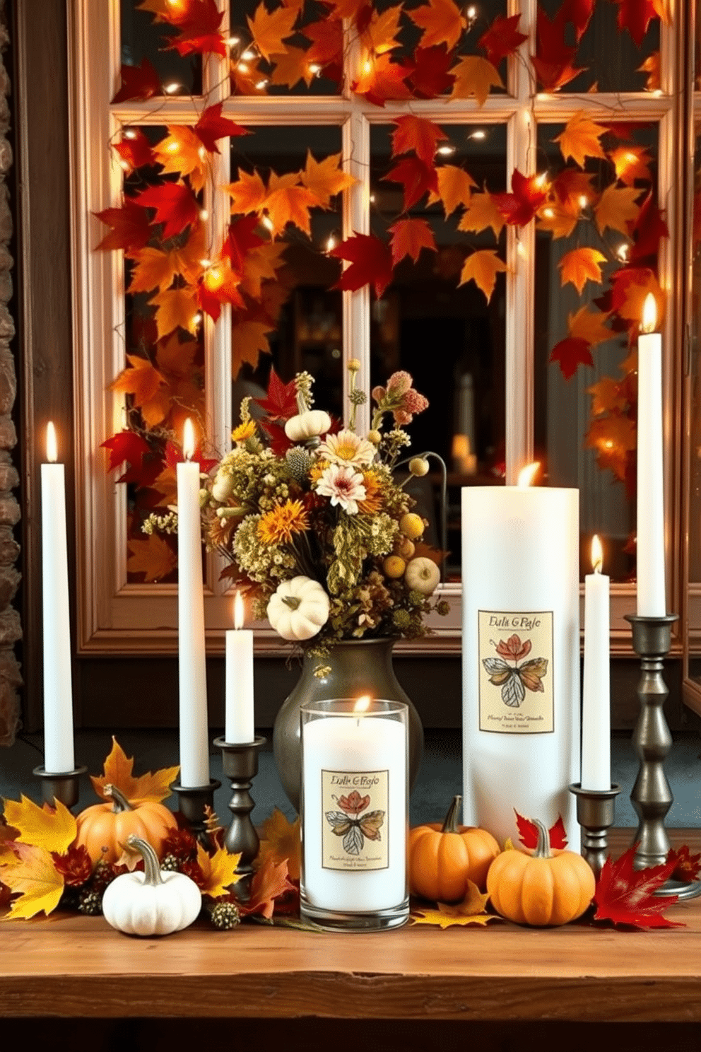 Candle arrangements with fall scents displayed on a rustic wooden table. The candles are in varying heights and sizes, surrounded by autumn leaves and small pumpkins for a cozy atmosphere. Fall window decorating ideas featuring a beautiful display of colorful leaves and twinkling fairy lights. A mix of gourds and seasonal flowers in a vase complements the window, creating a warm and inviting look.