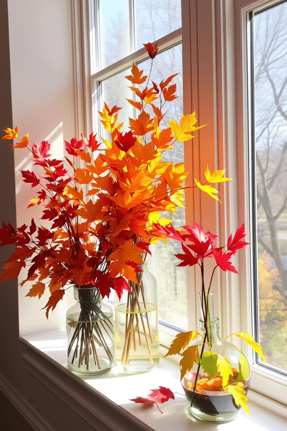 Colorful fall foliage in vases adorns the window sills, bringing vibrant hues of orange, red, and yellow into the room. The warm tones of the leaves complement the soft, natural light streaming through the windows, creating a cozy and inviting atmosphere.