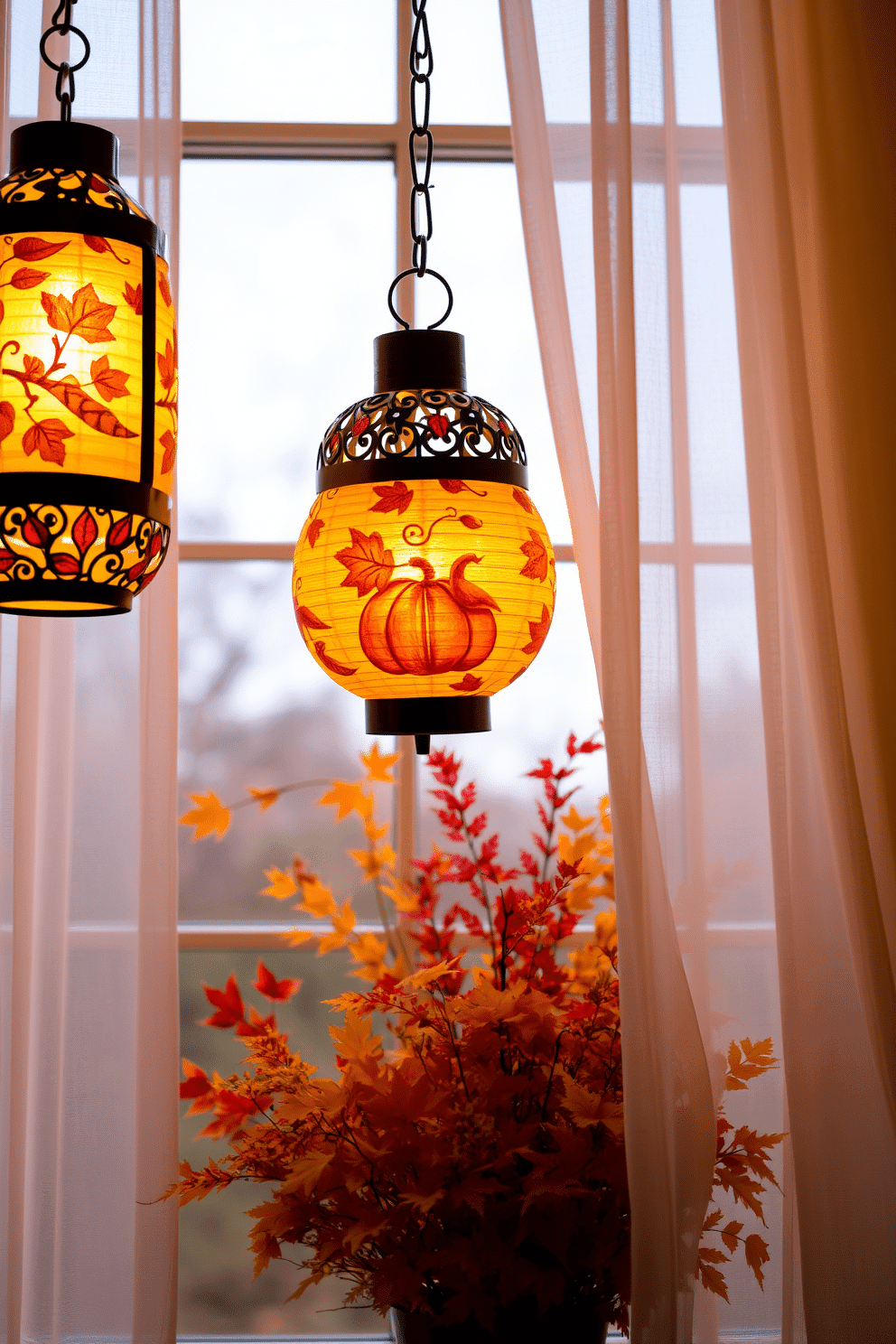 Hanging lanterns adorned with autumn motifs create a warm and inviting atmosphere. The lanterns feature intricate designs of leaves and pumpkins, casting soft shadows that enhance the seasonal charm. The window display showcases a blend of rich oranges, deep reds, and golden yellows. Drape the window with sheer curtains that allow natural light to filter through, highlighting the beauty of the autumn decorations.