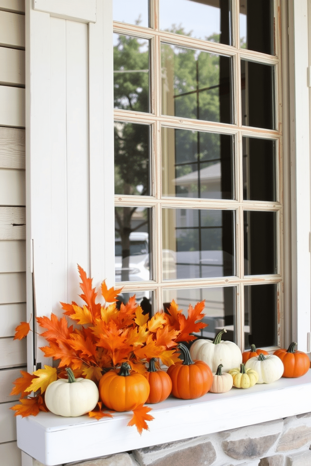 Rustic wooden shutters frame a large window, adding charm to the farmhouse aesthetic. The shutters are painted in a soft white, contrasting beautifully with the natural wood of the window frame. For fall window decorating, vibrant orange and yellow leaves are arranged along the windowsill. A collection of small pumpkins in varying sizes adds a festive touch to the rustic setting.