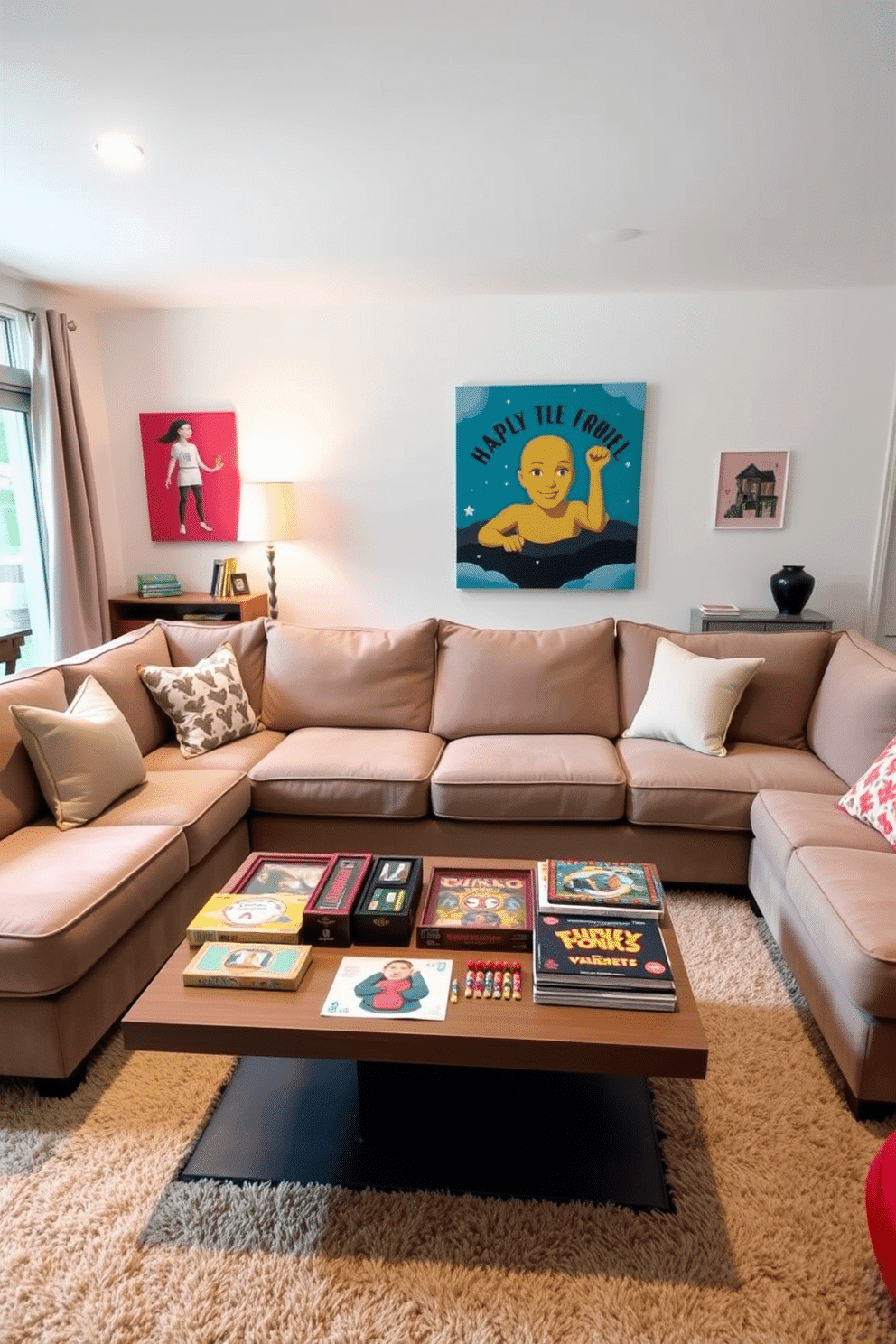 Cozy sectional sofa with colorful cushions. The sofa is positioned in a spacious family game room, surrounded by playful decor and vibrant artwork that adds a cheerful touch to the space. A large coffee table sits in front of the sofa, adorned with board games and magazines for family entertainment. Soft lighting fixtures create a warm ambiance, while a plush area rug defines the seating area and adds comfort underfoot.