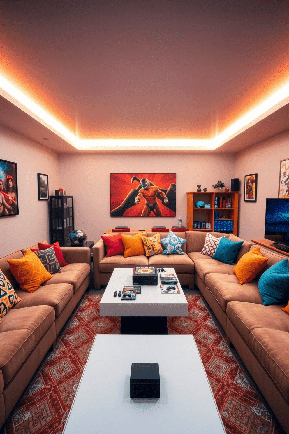 A cozy family game room features built-in shelves designed for optimal game storage, showcasing a variety of board games and collectibles. The room is adorned with comfortable seating, a large coffee table, and playful decor that encourages family bonding and fun.