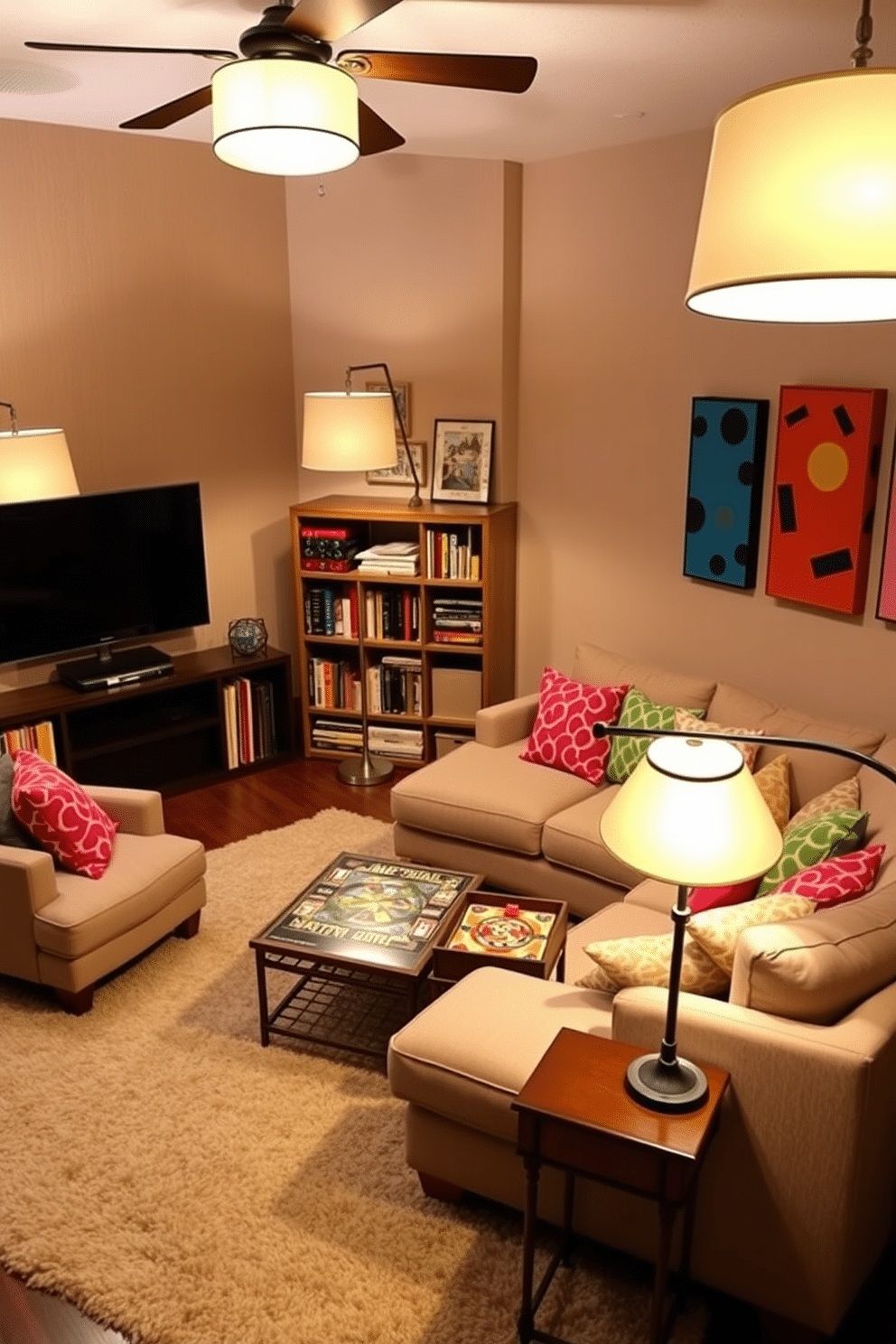 A cozy family game room features soft lighting from stylish floor lamps that create a warm and inviting atmosphere. The room includes a large sectional sofa adorned with colorful throw pillows, a coffee table surrounded by board games, and a wall-mounted TV for movie nights. Brightly colored artwork hangs on the walls, adding a playful touch to the space. A plush area rug defines the seating area, while shelves filled with books and games provide both function and decoration.