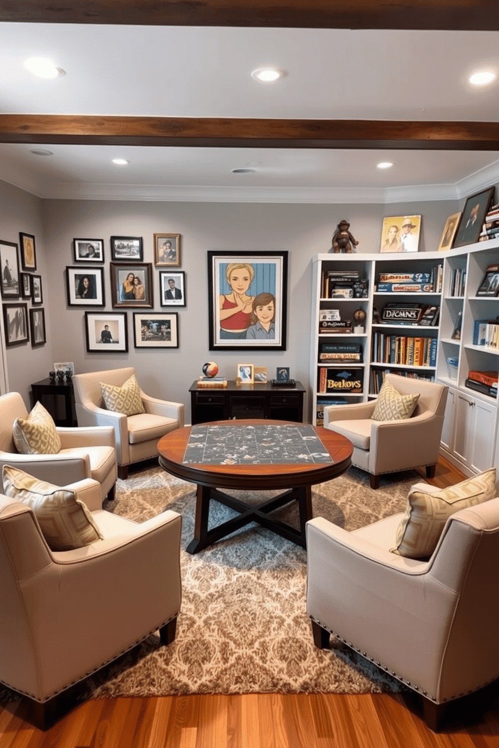 A cozy family game room featuring a large puzzle table at the center, surrounded by comfortable chairs in soft, inviting fabrics. The walls are adorned with framed family photos and colorful artwork, creating a warm and welcoming atmosphere. The floor is covered with a plush area rug that adds texture and warmth, while soft lighting fixtures provide a relaxed ambiance. Shelves filled with board games and puzzles line one wall, encouraging family bonding and fun activities together.