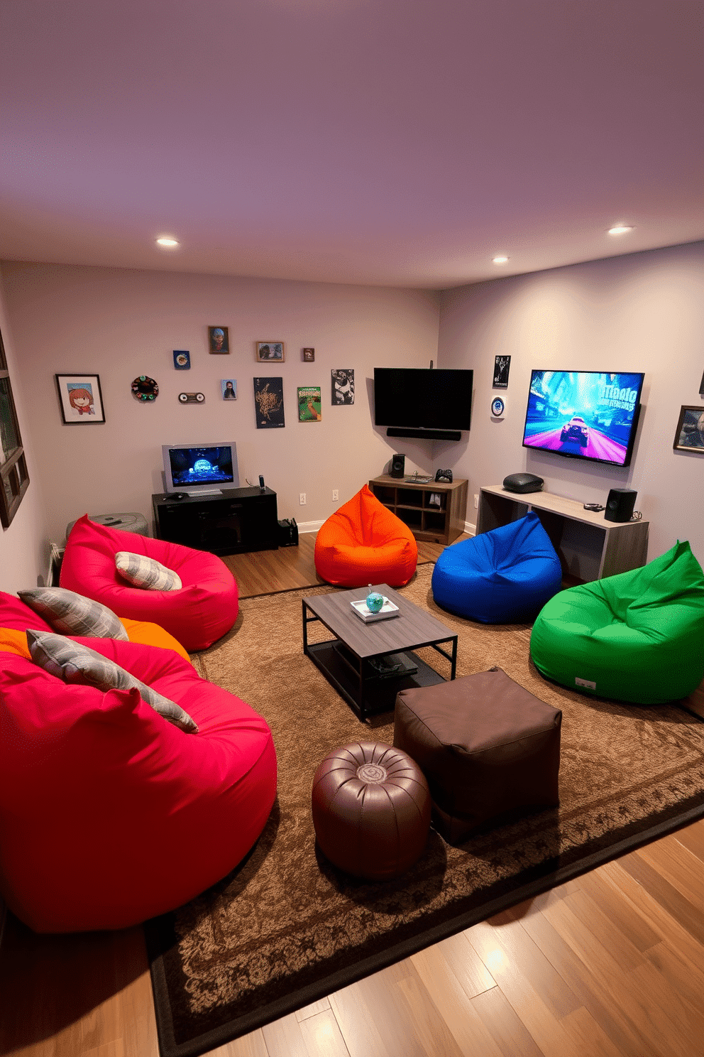 A cozy family game room featuring vibrant bean bag chairs in various colors arranged around a low coffee table. The walls are adorned with playful artwork, and a large rug anchors the space, providing comfort underfoot. In one corner, a gaming console setup is complemented by a wall-mounted screen, creating an inviting area for family entertainment. Soft, ambient lighting enhances the relaxed atmosphere, making it the perfect spot for game nights and casual gatherings.