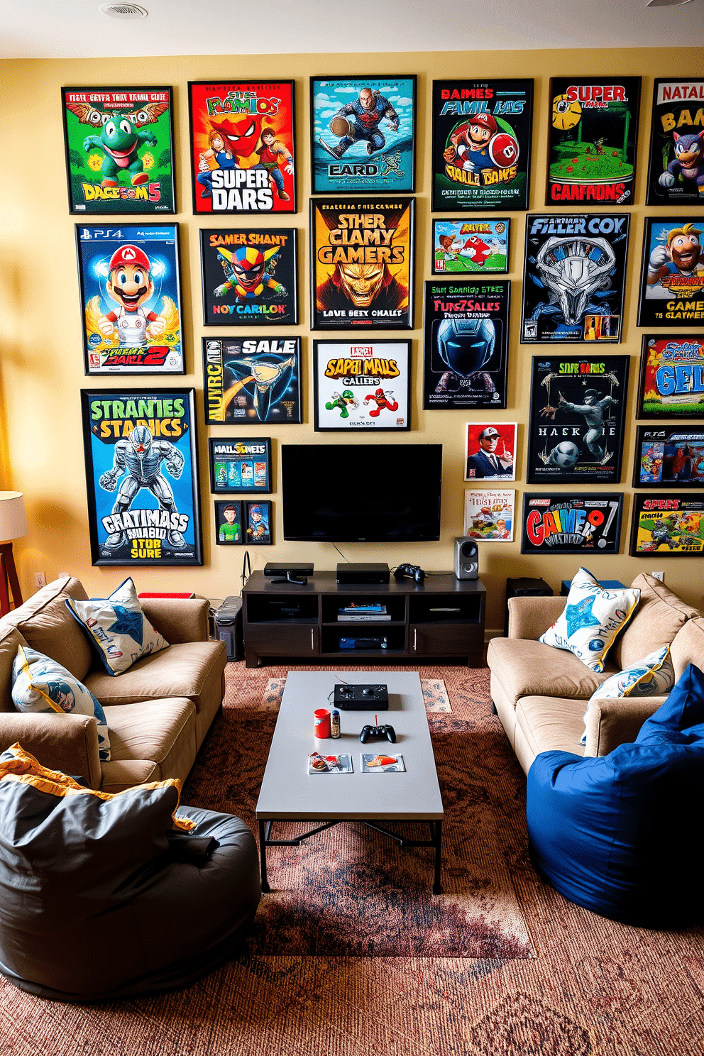 A cozy family game room features a mini fridge stocked with a variety of snacks and drinks, ensuring everyone has easy access to refreshments during game night. The room is designed with comfortable seating, vibrant wall colors, and playful decor that encourages fun and relaxation. The layout includes a large sectional sofa facing a wall-mounted TV, accompanied by a coffee table filled with board games and card games. Brightly colored rugs and wall art add to the lively atmosphere, creating an inviting space for family gatherings and entertainment.