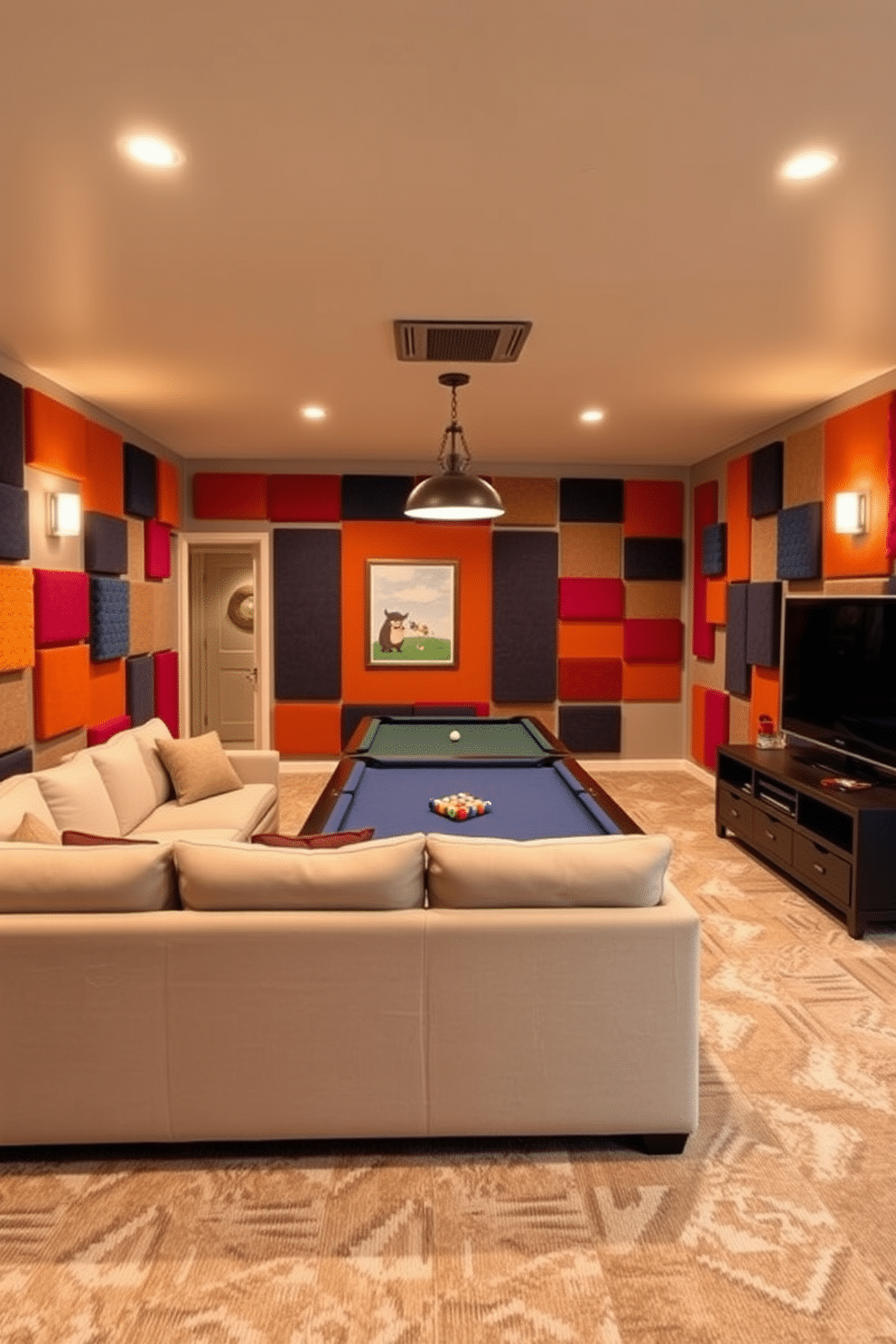 A cozy family game room featuring a stylish mini fridge for snacks and drinks. The space includes a comfortable sectional sofa, a large coffee table with board games, and vibrant wall art that reflects a playful atmosphere.