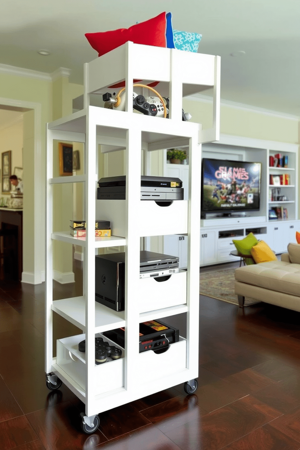 A vibrant family game room adorned with playful wallpaper featuring gaming motifs, creating an energetic and inviting atmosphere. The space includes a large sectional sofa in bright colors, a coffee table made from reclaimed wood, and a gaming console setup against the wall. In one corner, a cozy reading nook is created with a plush bean bag chair and a small bookshelf filled with games and graphic novels. The floor is covered with a soft, durable rug that adds comfort and style, while colorful LED lights illuminate the room, enhancing the gaming experience.