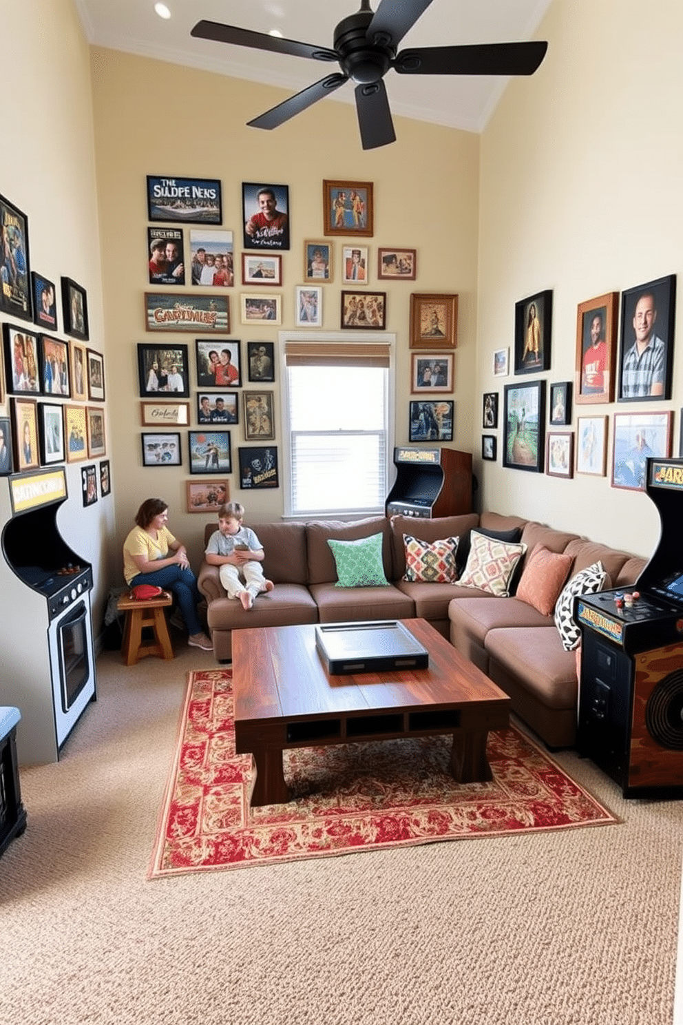 A cozy family game room filled with laughter and cherished memories. The walls are adorned with a vibrant gallery of family photos capturing joyful moments, interspersed with framed game memorabilia. In one corner, a plush sectional sofa invites relaxation, complemented by colorful throw pillows. A large coffee table, made of reclaimed wood, serves as the centerpiece, surrounded by board games and a vintage arcade machine.