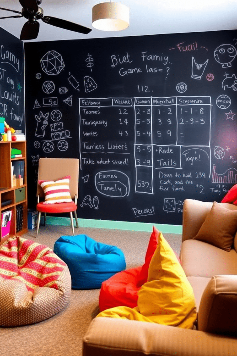 A vibrant family game room features a large chalkboard wall, perfect for doodles and keeping track of scores during game nights. Cozy seating arrangements with colorful bean bags and a plush sofa create an inviting atmosphere for family gatherings and friendly competitions.