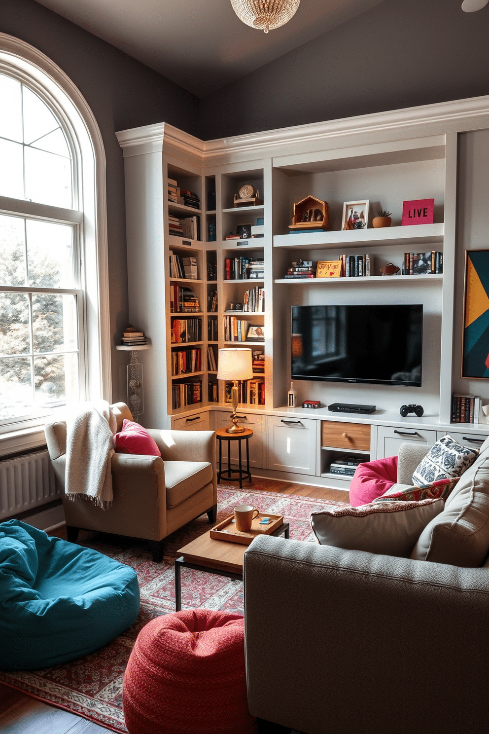 Cozy reading nook with bookshelves. A plush armchair is positioned next to a large window, bathed in natural light, with a soft throw blanket draped over one arm. Surrounding the nook are built-in bookshelves filled with a curated collection of books and decorative items, creating an inviting atmosphere. A small side table holds a steaming cup of tea and a reading lamp, enhancing the cozy ambiance. Family Game Room Design Ideas. The room features a large sectional sofa facing a wall-mounted television, perfect for movie nights and gaming sessions. A mix of colorful bean bags and a coffee table with board games create a playful environment, while vibrant artwork adorns the walls, adding energy and fun to the space.