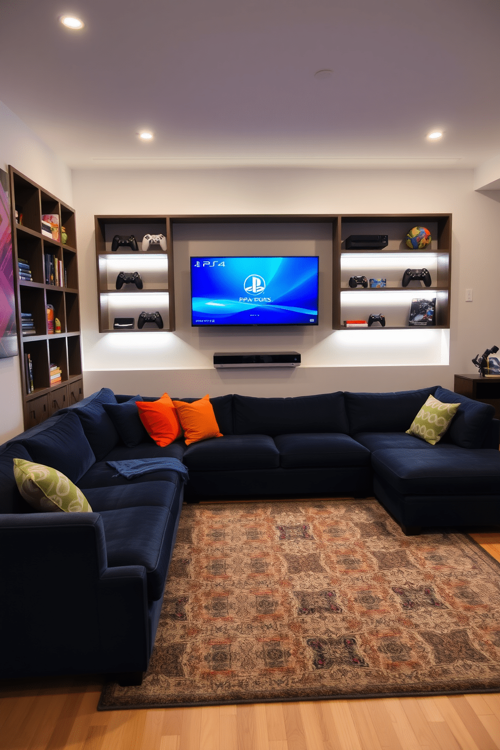 A modern family game room featuring a wall-mounted game console display. The console is elegantly integrated into a custom-built shelving unit, which showcases various gaming accessories and collectibles. The room is adorned with a cozy sectional sofa in a rich navy fabric, complemented by vibrant accent pillows. Soft ambient lighting enhances the playful atmosphere, while a large area rug defines the gaming zone and adds warmth to the space.