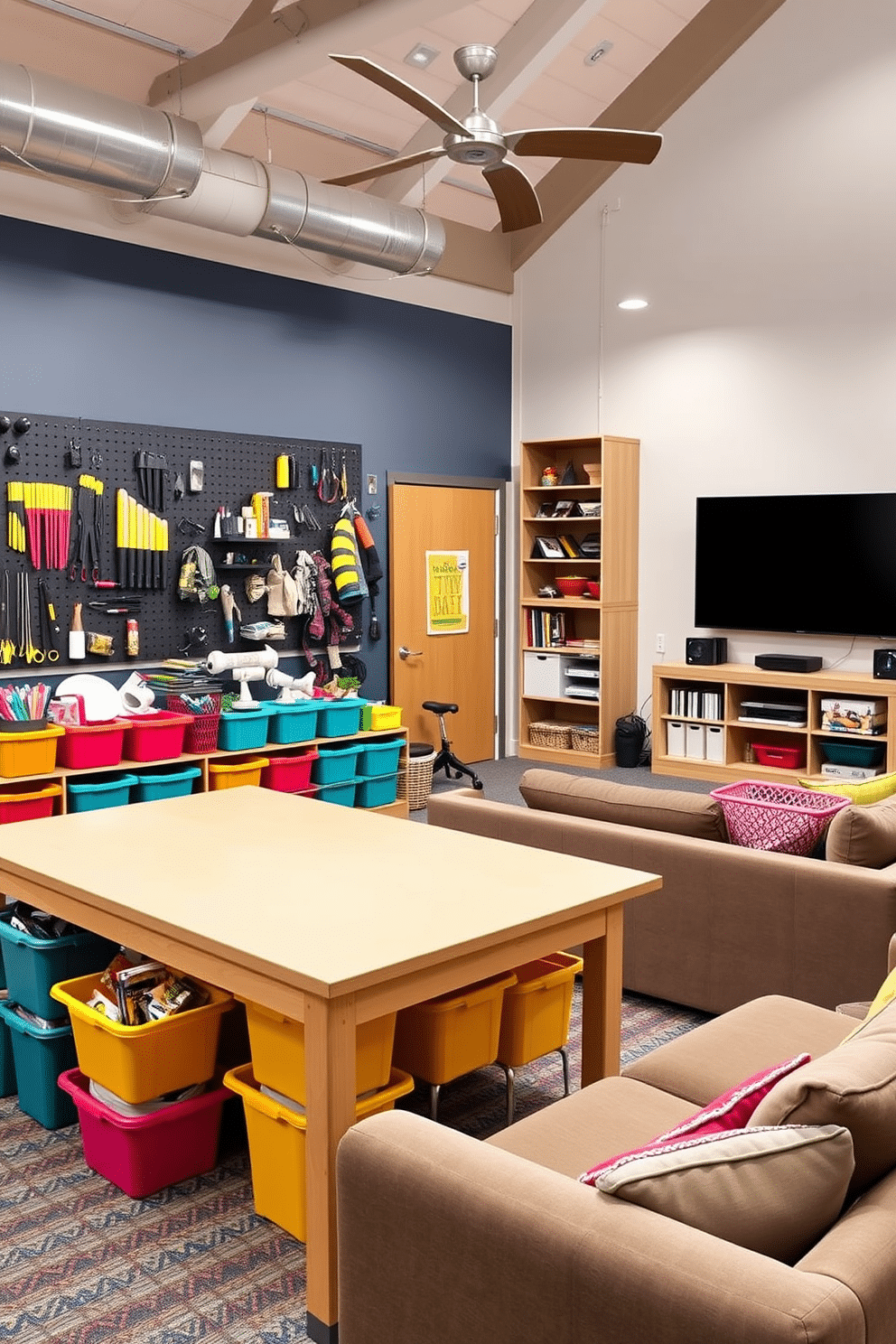 A vibrant craft station designed for creative projects. The space features a large, multi-functional table surrounded by colorful storage bins filled with art supplies, and a pegboard on the wall displaying tools and materials. A cozy family game room designed for fun and relaxation. The room includes a plush sectional sofa, a large coffee table for board games, and a wall-mounted entertainment center with a big-screen TV and shelves for games and books.