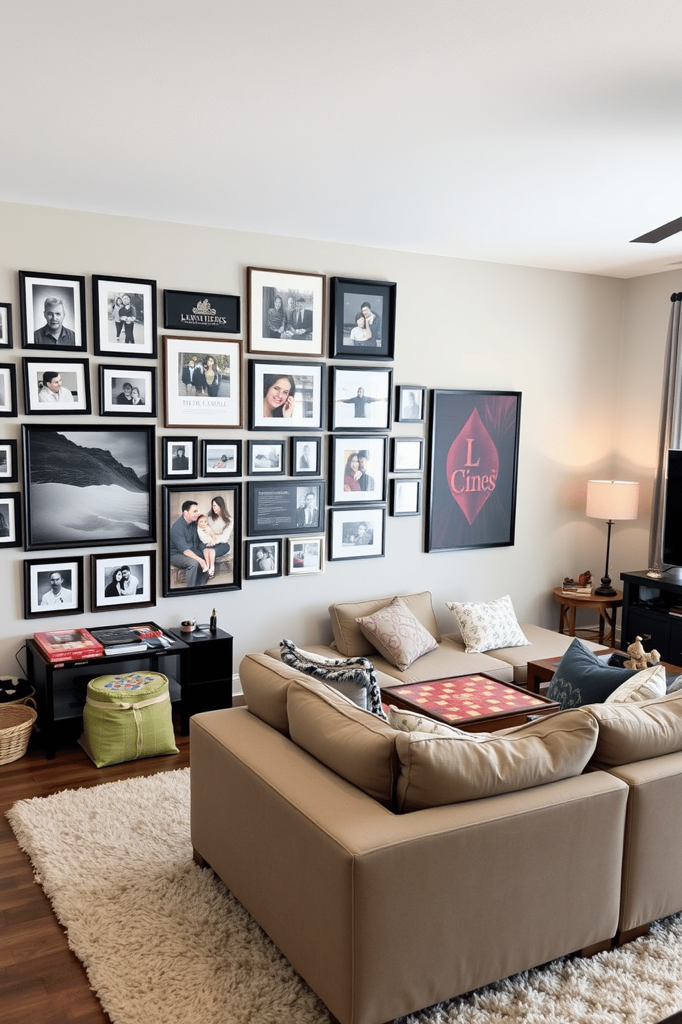 A family photo gallery wall that showcases a mix of framed photographs in various sizes, arranged in a cohesive layout. The wall features a combination of black and white frames, with some colorful accents, creating a warm and inviting atmosphere. A cozy family game room designed with a large sectional sofa and a plush area rug, creating a comfortable space for relaxation. The room includes a game table with board games, a wall-mounted TV for movie nights, and playful decor elements that reflect the family's personality.