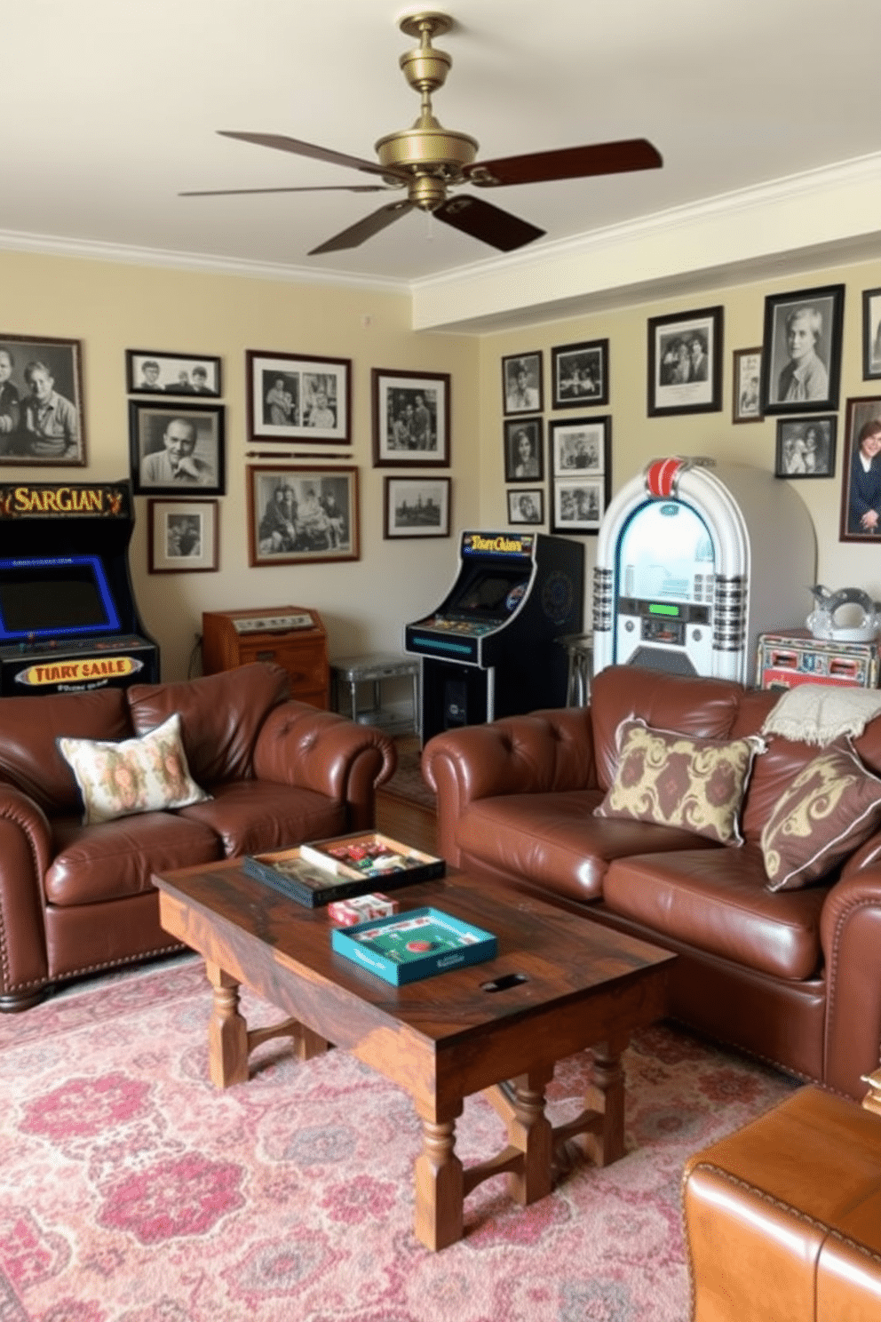 A vibrant family game room filled with colorful storage bins neatly organized for games and toys. The walls are painted in a cheerful yellow hue, complemented by a cozy seating area featuring a plush sectional sofa in a bold blue fabric.