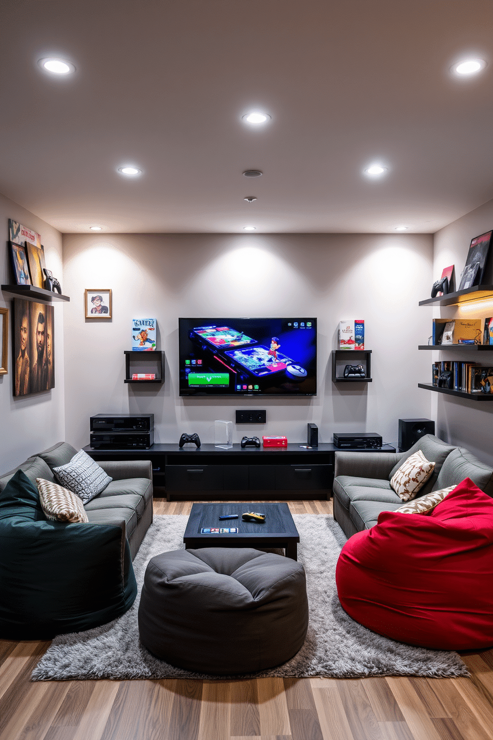 A stylish family game room featuring ergonomic gaming chairs designed for comfort and support. The room is equipped with a large sectional sofa, a sleek coffee table, and vibrant wall art that reflects a playful atmosphere. Soft ambient lighting enhances the cozy feel, while a large flat-screen TV is mounted on the wall opposite the seating area. The flooring is a plush carpet, providing a warm and inviting space for family game nights.